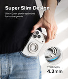 Dual Magnetic Smart Ring - A hand slides a phone with a slim silver magnetic ring into a jeans pocket, highlighting 4.2mm thickness.