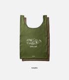 Day-Me Bag - Olive green tote with white line art of a dog and cat camping, text reads Campfire, friends, and funny stories.
