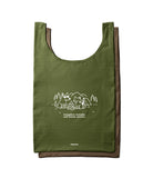 Day-Me Bag - Olive green tote with a white line-art graphic of a dog and cat camping with the text "Campfire, friends.