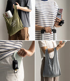 Day-Me Bag - Four-panel collage showing a foldable, portable shopping bag being carried, stored in a pocket, and used.