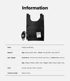 Day-Me Bag - Black foldable tote bag with a small storage pouch and product specifications listed in a table below.