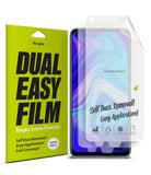 Redmi Note 9 Screen Protector | Dual Easy Film - Packaging next to a Redmi Note 9 phone with a clear screen protector.