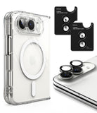 iPhone Duo | Fusion Magnetic + Hinge (2P) - Clear protective phone case with a raised camera cutout, shown alongside black camera lens frame glasses and a phone with the glasses applied, on a clean white background.