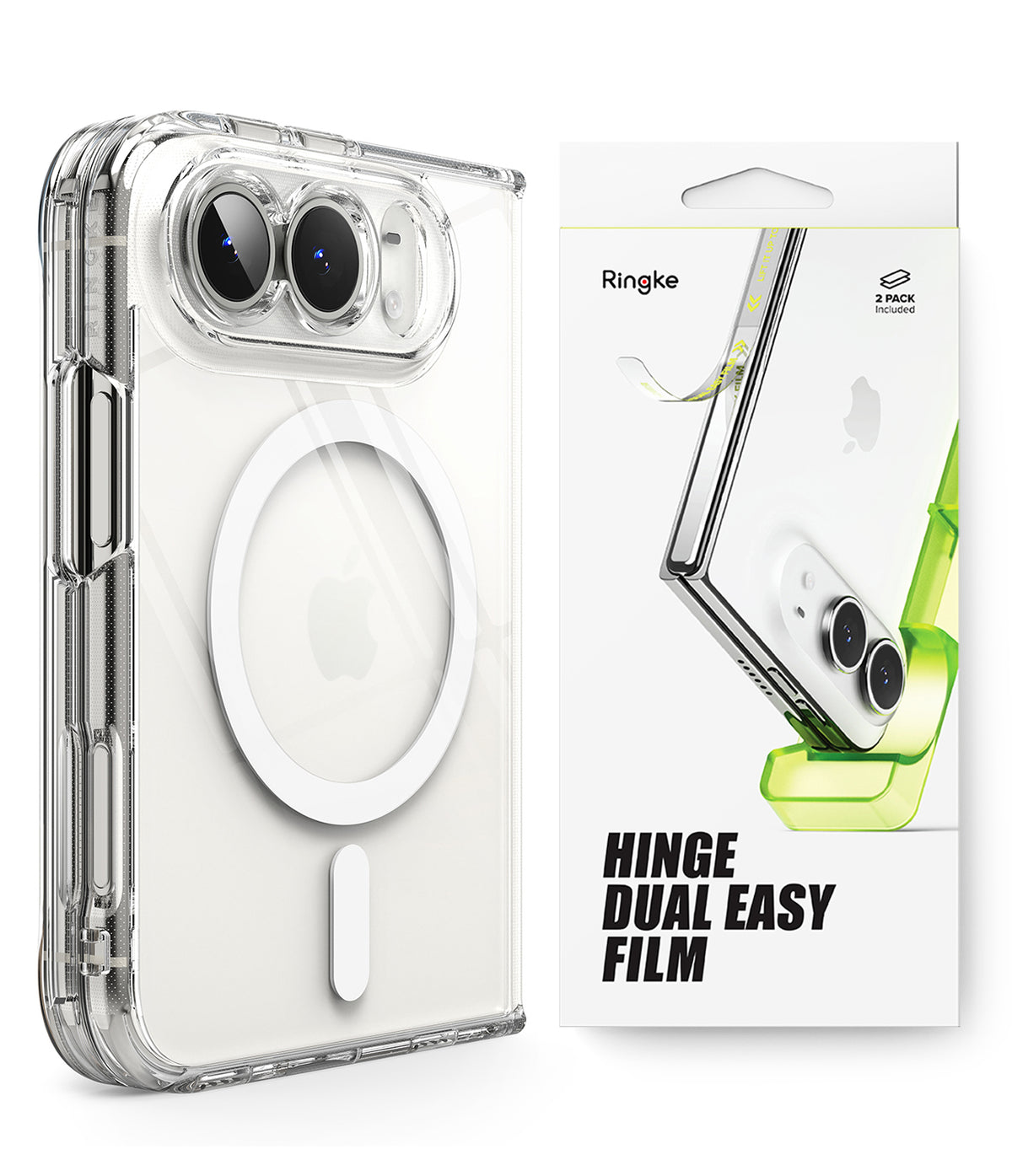 iPhone Duo | Fusion Magnetic + Hinge (2P) - A clear protective phone case with a dual camera cutout and MagSafe ring, shown next to its white retail packaging box by Ringke.