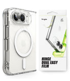 iPhone Duo | Fusion Magnetic + Hinge (2P) - A clear protective phone case with a dual camera cutout and MagSafe ring, shown next to its white retail packaging box by Ringke.