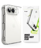 iPhone Duo | Fusion + Hinge - A clear protective phone case with reinforced corners and a dual camera cutout, shown next to its white packaging box labeled Ringke Hinge Dual Easy Film.