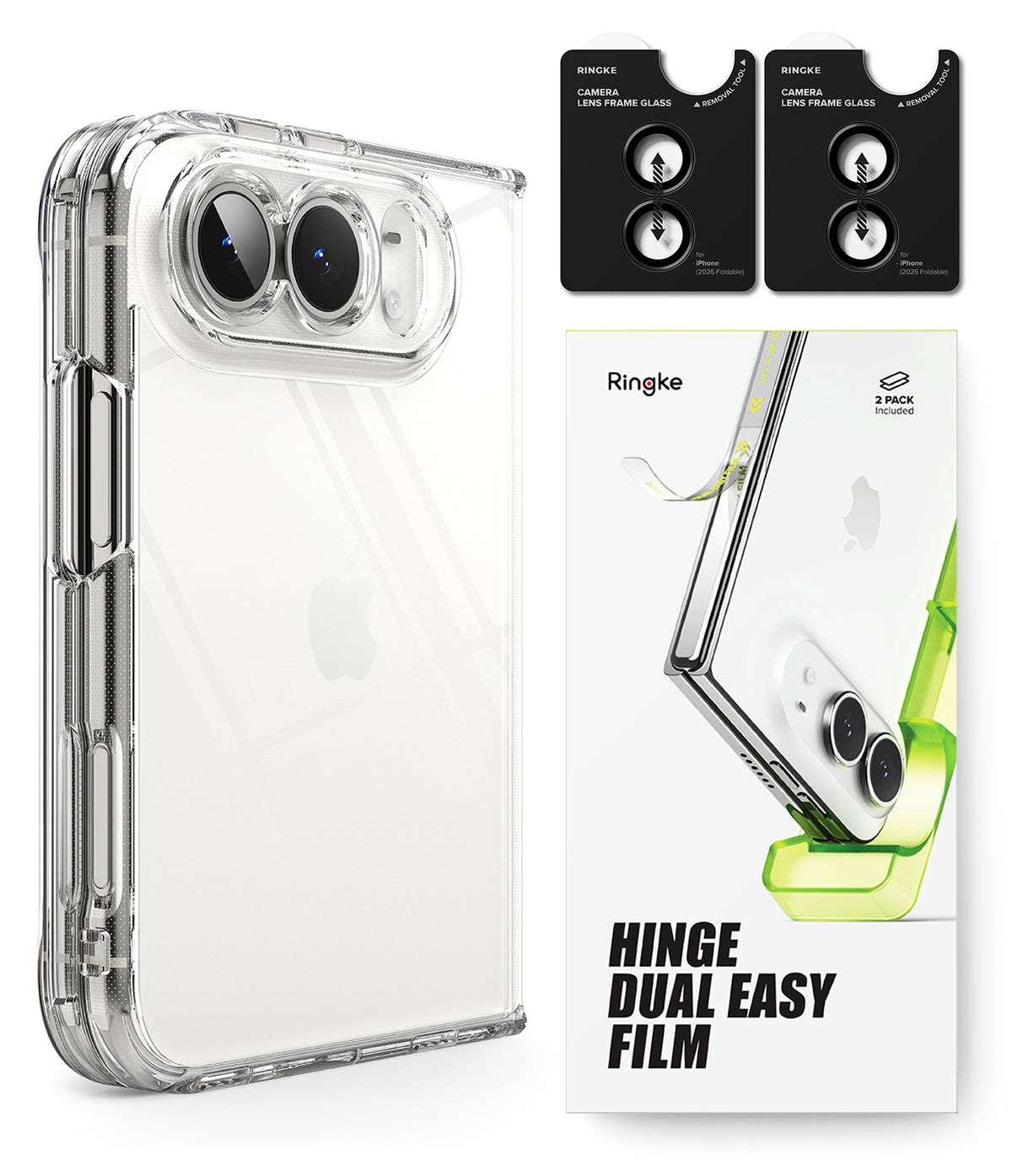 iPhone Duo | Fusion + Hinge - Clear protective phone case with a reinforced camera frame, shown alongside two black hinge film applicators and a white Ringke product box labeled 'Hinge Dual Easy Film'.