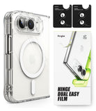 iPhone Duo | Fusion Magnetic + Hinge (2P) - Clear protective phone case with a MagSafe-compatible ring and camera cutout, shown alongside two black BRINZACE camera lens film packs and a white product box labeled 'HINGE DUAL EASY FILM'.