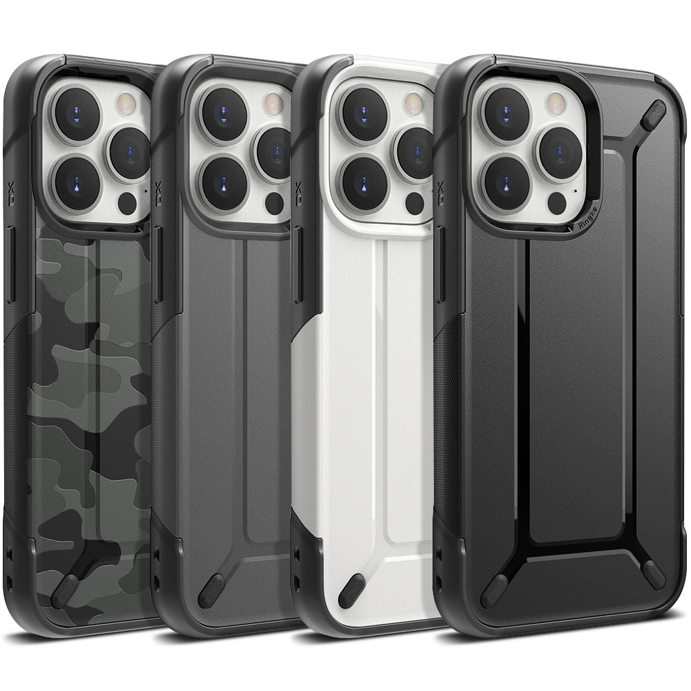 iPhone 13 Pro Max Case | DX - Four rugged phone cases in camo, gray, white, and black arranged side-by-side.