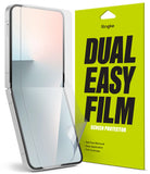 Galaxy Z Flip 7 FE Screen Protector | Dual Easy Film (2 Pack) - Foldable phone with a clear screen protector film next to its lime green packaging.