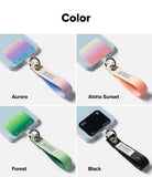 Holder Link Eyelet Keyring - Four color variations of phone card holders with matching fabric wrist straps and metal rings.