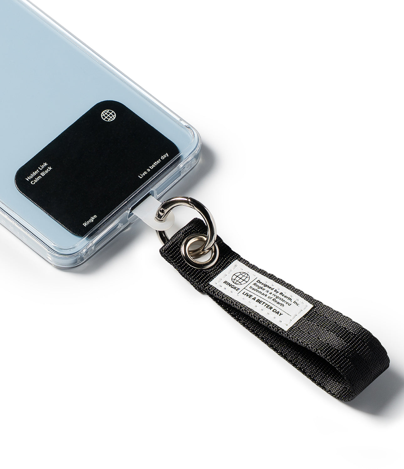Holder Link Eyelet Keyring - A black fabric wrist strap attached to a phone case via a metal ring and a clear plastic tab.