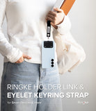 Holder Link Eyelet Keyring - A person holding a phone with a black strap attached to a metal eyelet keyring.