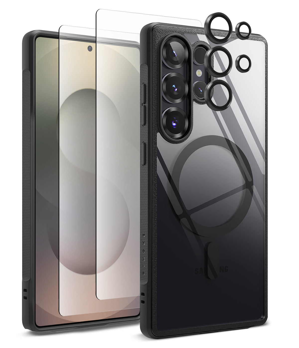 [Bundle] Galaxy S25 Ultra | Fusion Bold Magnetic - Galaxy S25 Ultra with magnetic case, screen protector, and lens rings.