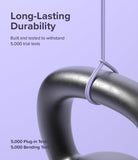 Ringke Fast Charging Pastel Cable - A Type-C Type - A pastel purple cable looped around a heavy black kettlebell handle.