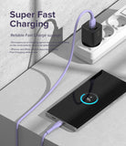 Ringke Fast Charging Pastel Cable - A Type-C Type - Pastel purple cable connecting a smartphone to a wall charger.