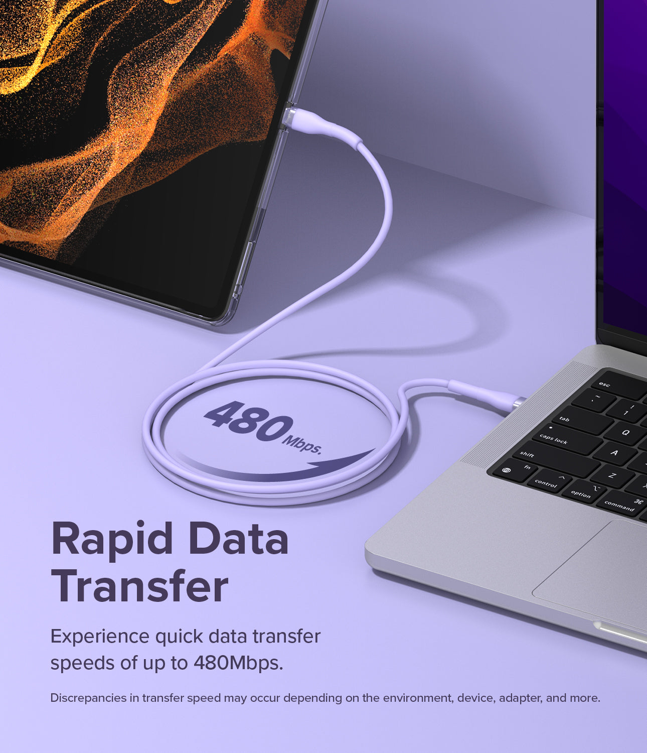 Ringke Fast Charging Pastel Cable - A Type-C Type - Pastel purple USB-C cable connecting a tablet to a laptop.
