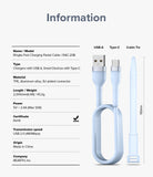 Ringke Fast Charging Pastel Cable - A Type-C Type - Technical specifications and a light blue USB-A to Type-C cable.