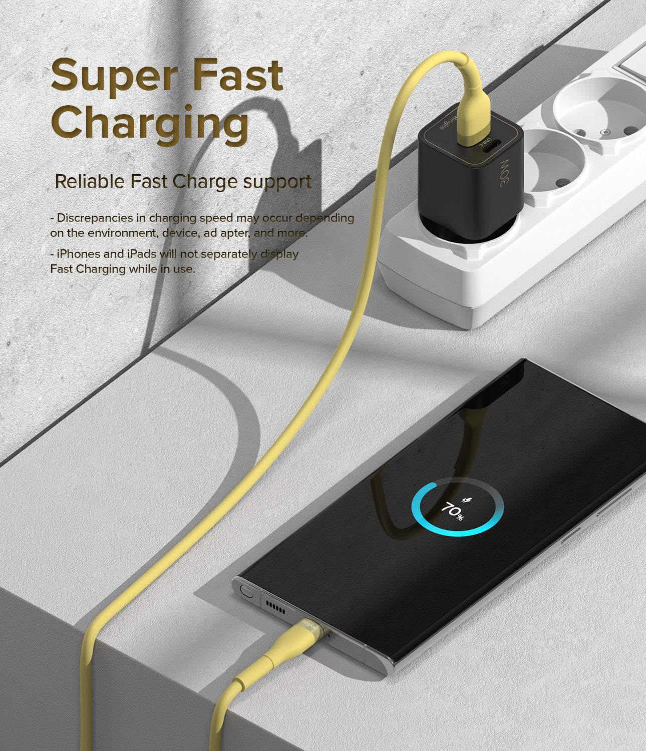 Ringke Fast Charging Pastel Cable - A Type-C Type - Yellow cable connecting a black wall charger to a smartphone.
