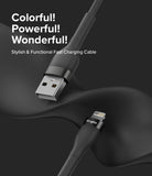 Ringke Fast Charging Pastel Cable - A Type-Lightning - Black USB-A to Lightning cable on a dark, wavy background.