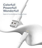 Ringke Fast Charging Pastel Cable - A Type-Lightning - White USB-A to Lightning charging cable on a curved surface.