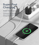 Ringke Fast Charging Pastel Cable - A Type-Lightning - White cable connecting a black wall charger to a charging iPhone.