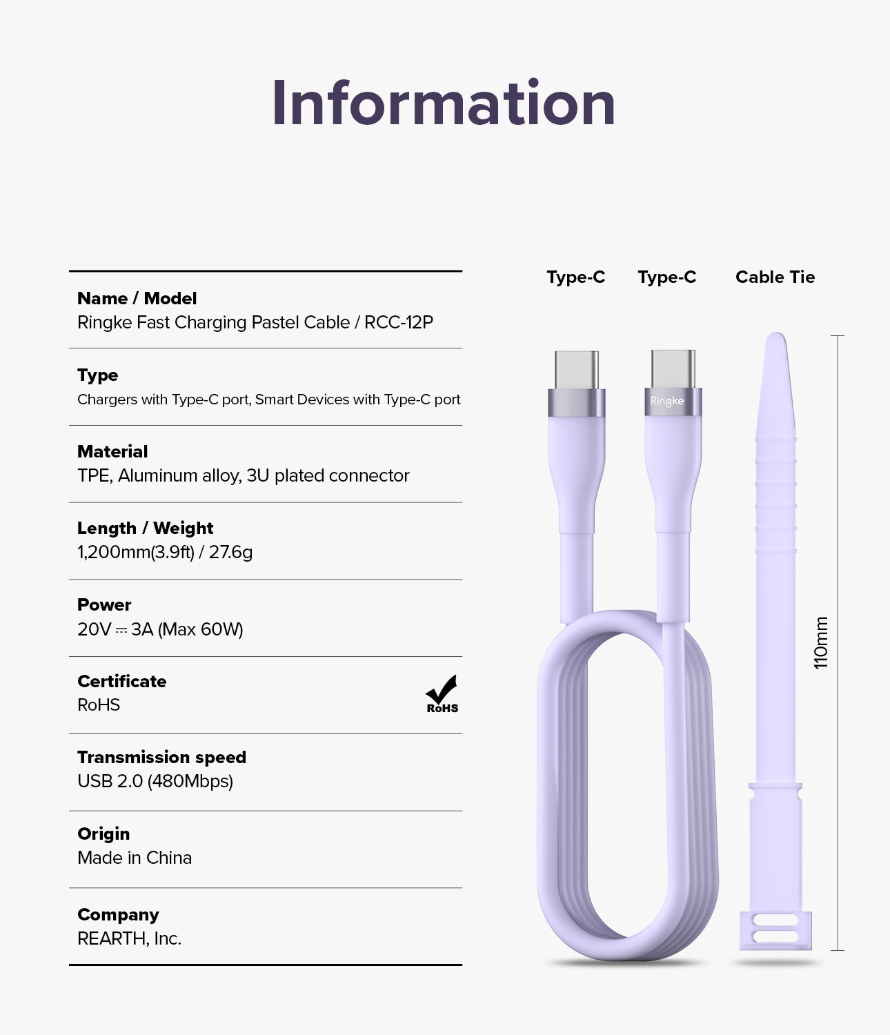 Ringke Fast Charging Pastel Cable - C Type-C Type - Ringke Fast Charging Pastel Cable - Type-C to Type-C cable with a pastel purple finish and matching 110mm cable tie.