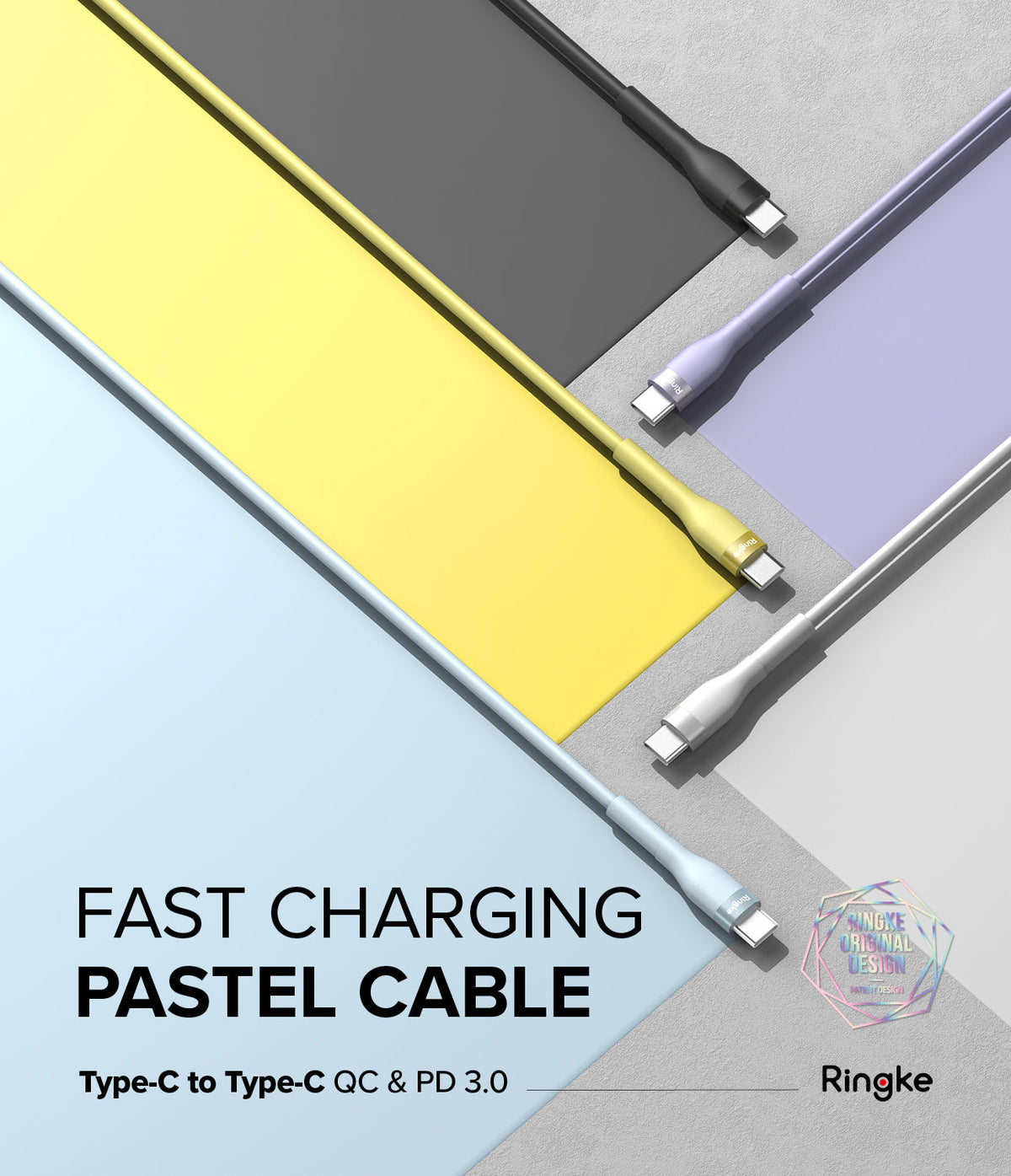 Ringke Fast Charging Pastel Cable - C Type-C Type - Ringke Fast Charging Pastel Cable - Four colorful Type-C cables arranged diagonally on a geometric pastel background.