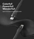 Ringke Fast Charging Pastel Cable - C Type-Lightning - Ringke Fast Charging Pastel Cable - Black USB-C to Lightning cable with metallic accents against a dark wavy background.