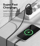 Ringke Fast Charging Pastel Cable - C Type-Lightning - Ringke Fast Charging Pastel Cable - A black charging cable connects a wall adapter to a smartphone showing 92% charge.