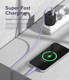 Ringke Fast Charging Pastel Cable - C Type-Lightning - Pastel purple cable connecting a smartphone to a wall charger.
