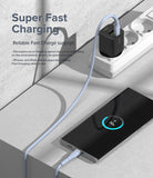 Ringke Fast Charging Pastel Cable - C Type-Lightning - Pastel blue cable connecting a wall charger to a smartphone.