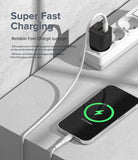Ringke Fast Charging Pastel Cable - C Type-Lightning - Ringke Fast Charging Pastel Cable - A white charging cable connects a black wall adapter to an iPhone at 92% battery.