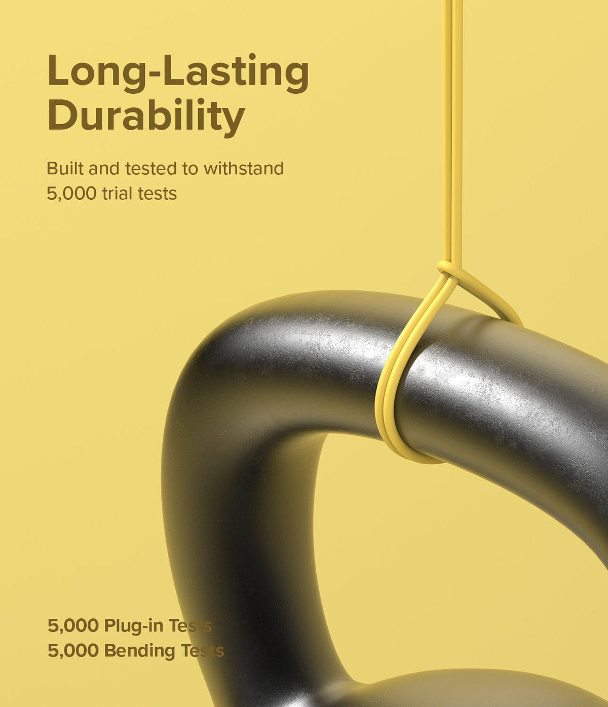 Ringke Fast Charging Pastel Cable - C Type-Lightning - Ringke Fast Charging Pastel Cable - A yellow cable looped around a heavy black kettlebell handle on a yellow background.