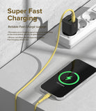 Ringke Fast Charging Pastel Cable - C Type-Lightning - Ringke Fast Charging Pastel Cable - Yellow charging cable connecting a black wall adapter to an iPhone showing 92% charge.