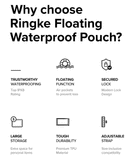 Waterproof Pouch Case | Floating - Infographic showing six key features: IPX8 rating, floating air pockets, secure lock, storage, durability, and adjustable strap.
