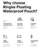 Palm Leaves / Banana Floating Strap & Floating Waterproof Pouch | Promotional graphic for Ringke Floating Waterproof Pouch with features listed.