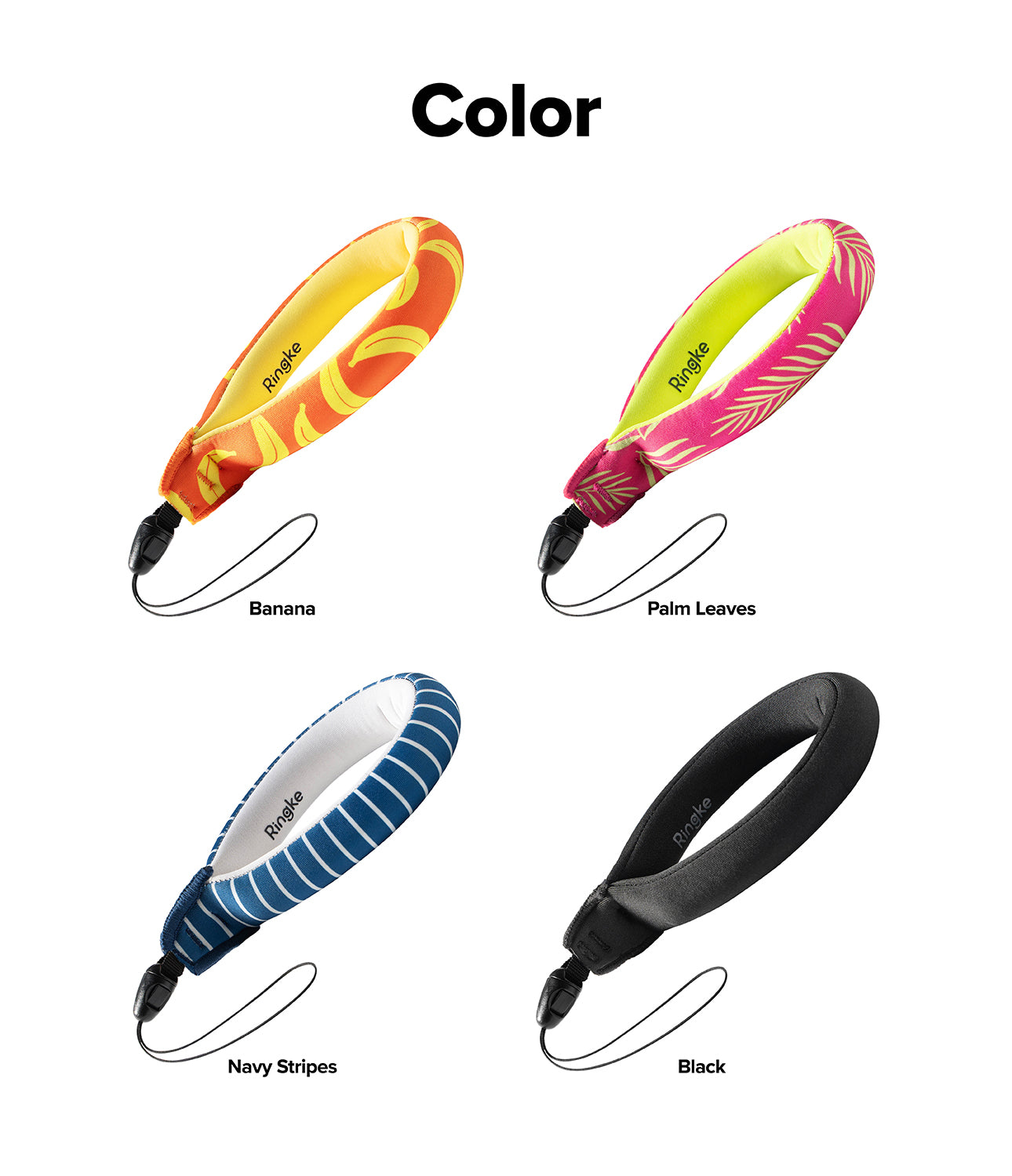 Floating Strap [2 Pack] - Four floating wrist straps in banana, palm leaf, navy stripe, and black patterns with Ringke branding.