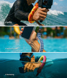 Floating Strap [2 Pack] - Three panels showing colorful floating wrist straps used while surfing, swimming, and snorkeling.