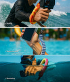 Banana / Navy Stripes Floating Strap & Waterproof Sling Bag | Three scenes of a person using a GoPro camera in water settings with text labels for surfing, swimming pool, and snorkeling.