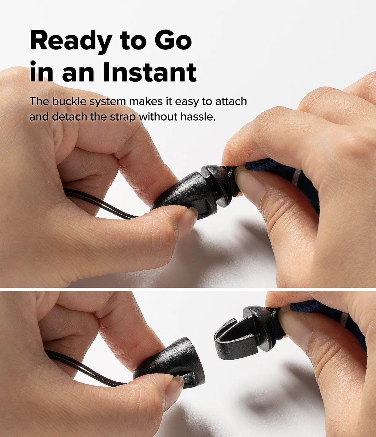Palm Leaves / Banana Floating Strap & Floating Waterproof Pouch | Hands demonstrating a buckle system for attaching and detaching a strap on a white background.
