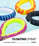 Navy Stripes / Black Floating Strap & Waterproof Sling Bag | Four colorful inflatable rings floating in water with 'Ringke' branding.