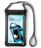Waterproof Pouch Case | Floating - Black waterproof phone pouch with a neck strap displaying a product graphic on a blue water background.