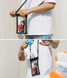 Waterproof Pouch Case | Floating - Person wearing a clear waterproof neck pouch containing a phone, glasses, and cards.