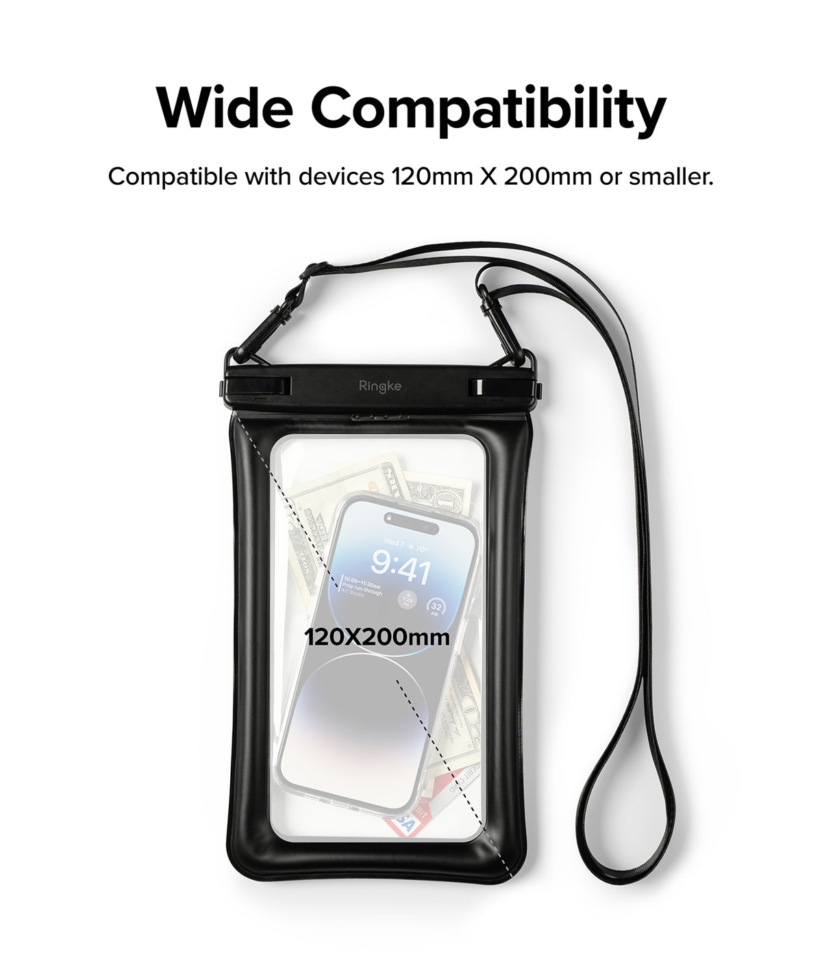 Waterproof Pouch Case | Floating - Waterproof Pouch Case - Black floating waterproof pouch with a phone and cash inside, showing 120x200mm dimensions.