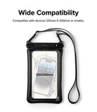Navy Stripes / Black Floating Strap & Floating Waterproof Pouch | Black phone case with a clear front, showing a smartphone inside, on a white background with text about compatibility.