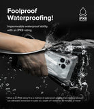 Waterproof Pouch Case | Floating - Waterproof Pouch Case - Hand submerging a phone in a waterproof pouch into water, with IPX8 rating text overlay.