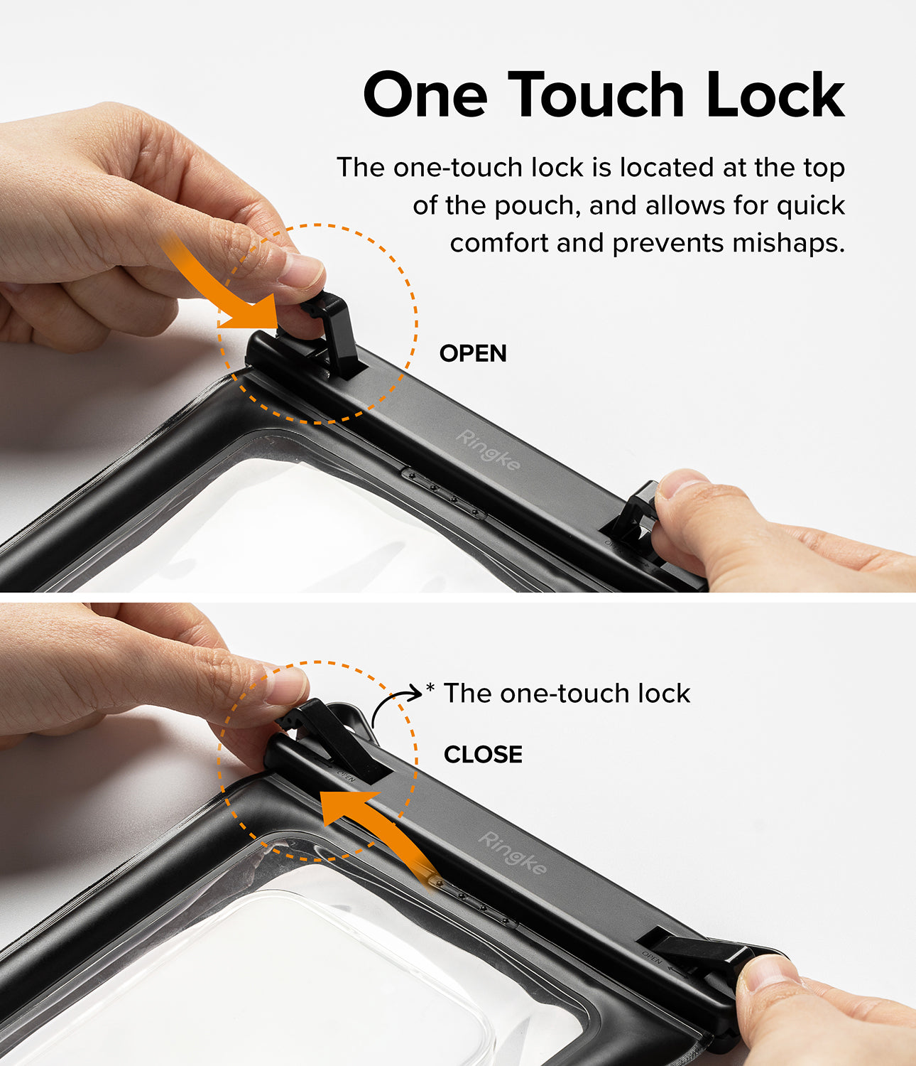 Waterproof Pouch Case | Floating - Waterproof Pouch Case - Hands demonstrating the one-touch locking mechanism on a waterproof pouch to open and close it.