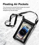 Waterproof Pouch Case | Floating - A waterproof pouch with air pockets floating on water, containing a smartphone, cash, and cards.
