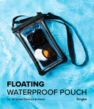 Palm Leaves / Navy Stripes Floating Strap & Floating Waterproof Pouch | Floating waterproof pouch for smart devices on a blue water background